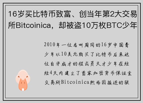 16岁买比特币致富、创当年第2大交易所Bitcoinica，却被盗10万枚BTC少年周同的传奇